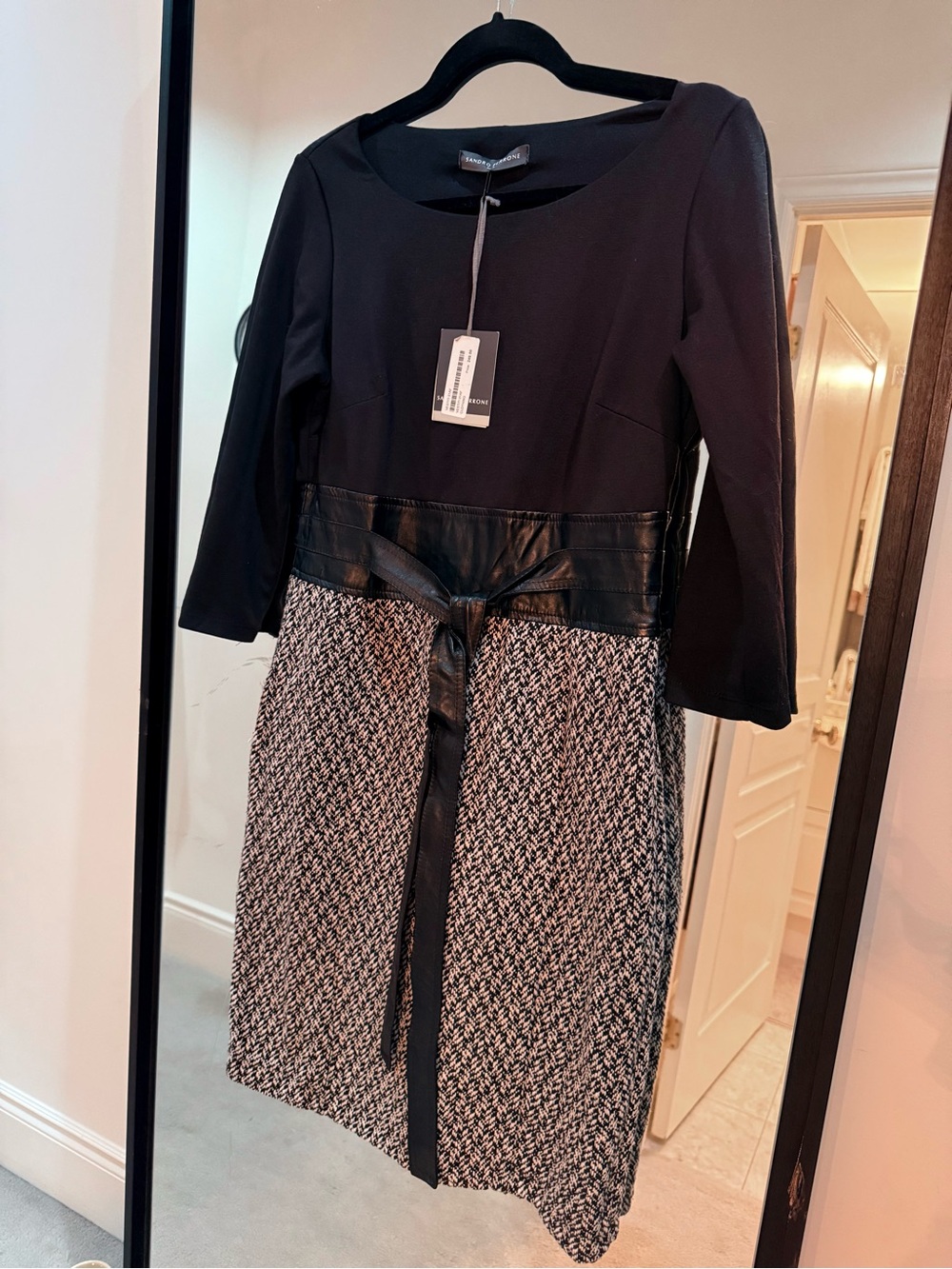 Black & Tweed Faux-Leather Belted Sheath Dress